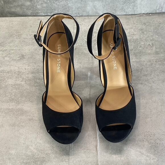 SUN+STONE Women's Black Micro Reeta Block-Heel Platform Heels SZ 7 - Picture 2 of 9